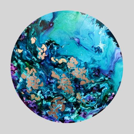 A round painting of blue and green with gold leaf.