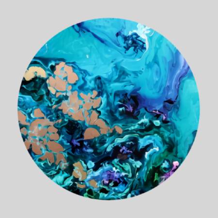 A painting of blue and green with gold accents.