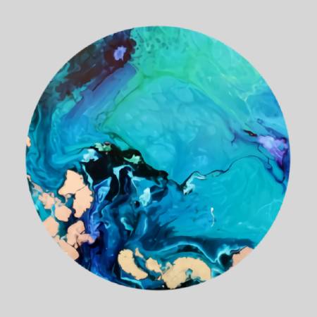 A blue and green abstract painting on top of a white background.