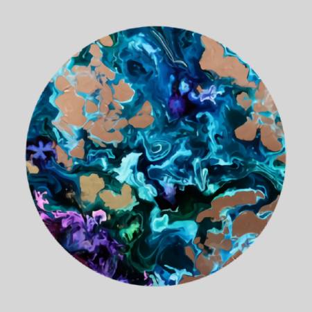 A round painting of blue and purple paint with gold leaf.