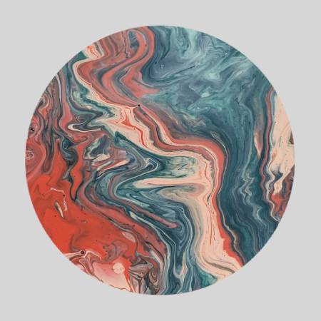 A circular painting of red, blue and white swirls.