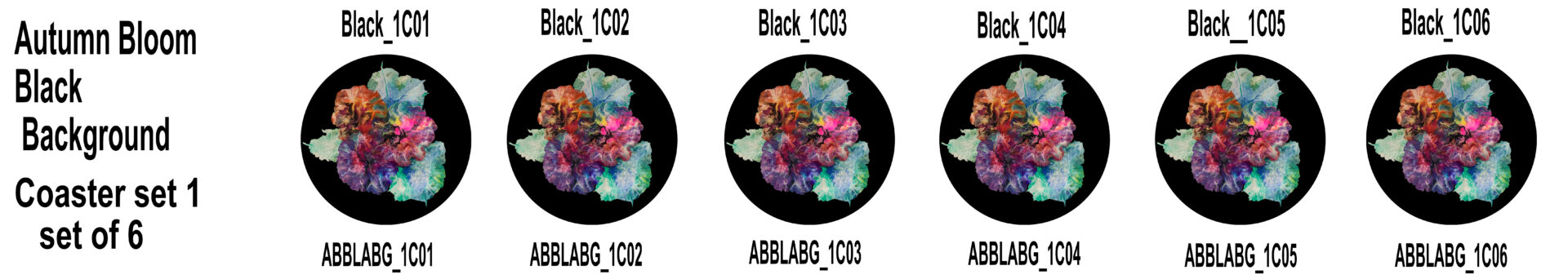 Autumn Blooms - Black Background Coaster Set 1