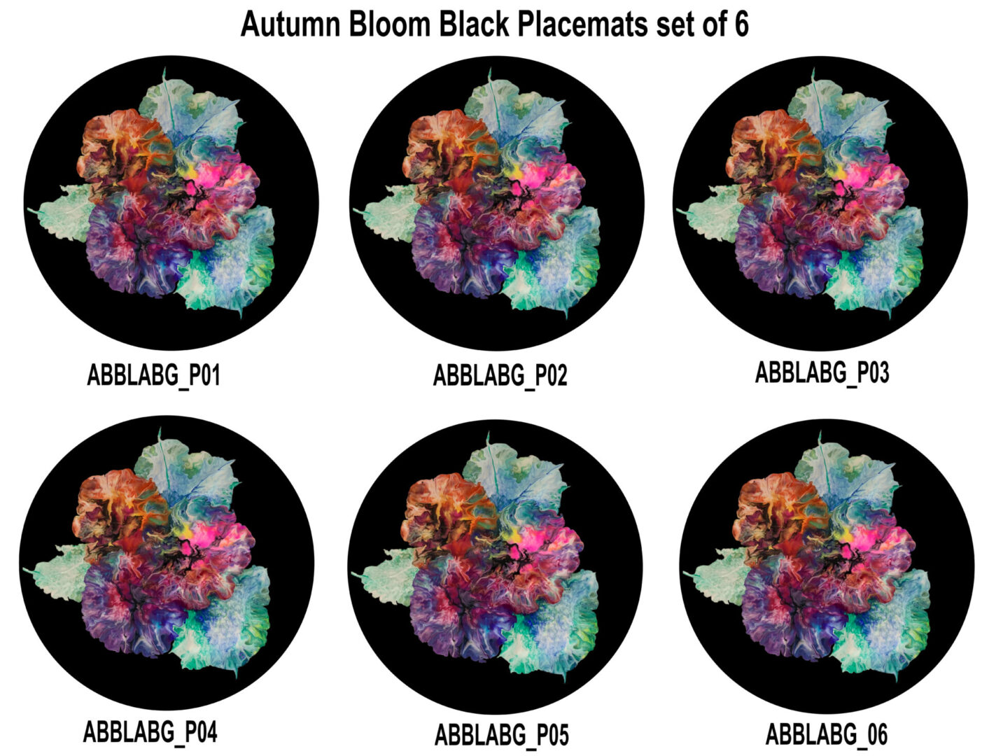 Autumn Bloom - Black Background Set 6 Placemats