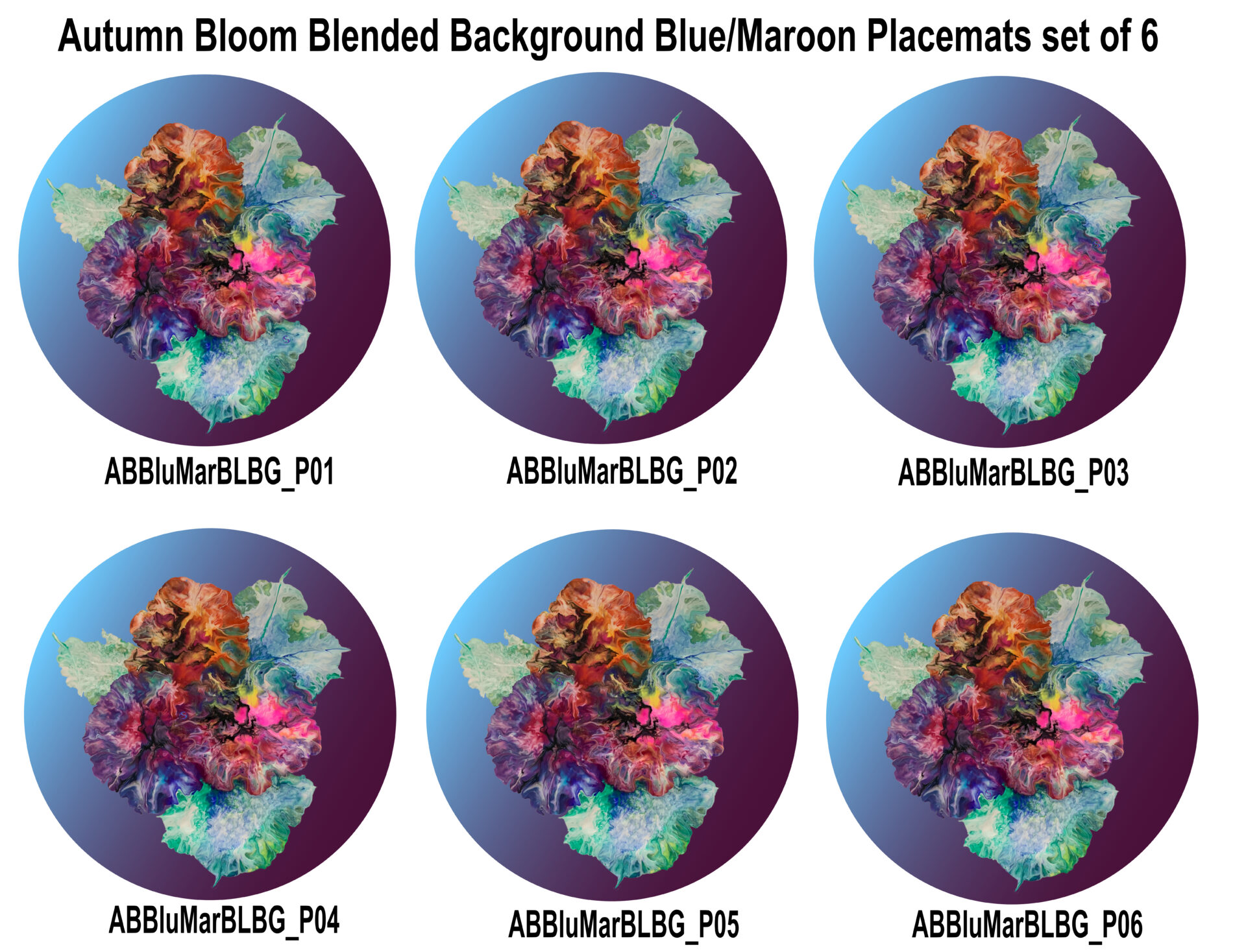 Autumn Blooms - Blue/Maroon Background Set 6 Placemats