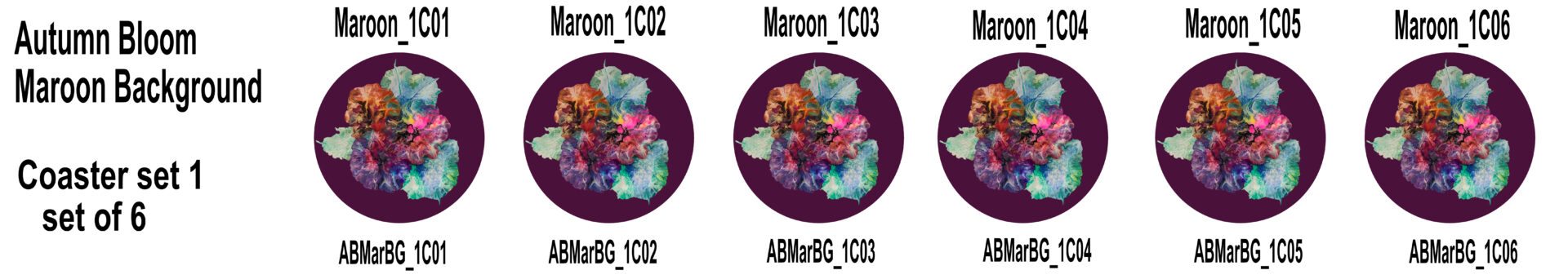 Autumn Blooms - Maroon Background Coaster Set 1