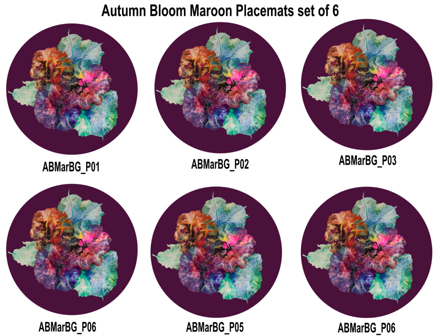 Autumn Bloom - Black Background Set 6 Placemats