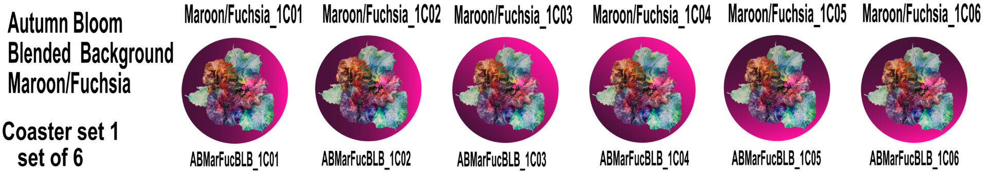 Autumn Blooms - Maroon/Fuchsia Background Coaster Set 1