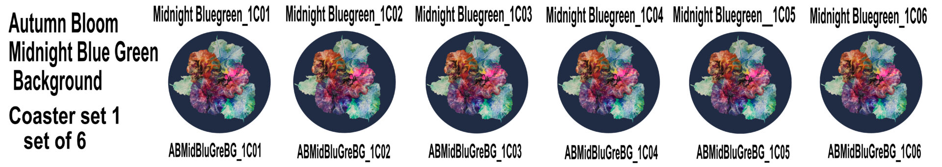 Autumn Blooms - Midnight Blue Green Background Coaster Set 1