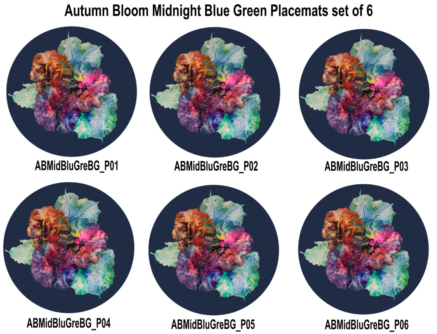 Autumn Blooms - Midnight Blue Green Background Set 6 Placemats