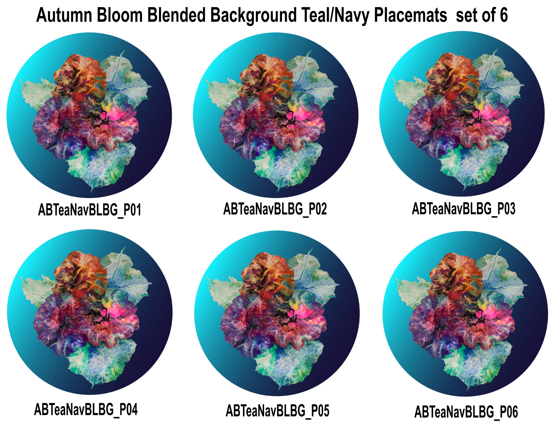 Autumn Bloom - Teal/Navy Background Set 6 Placemats