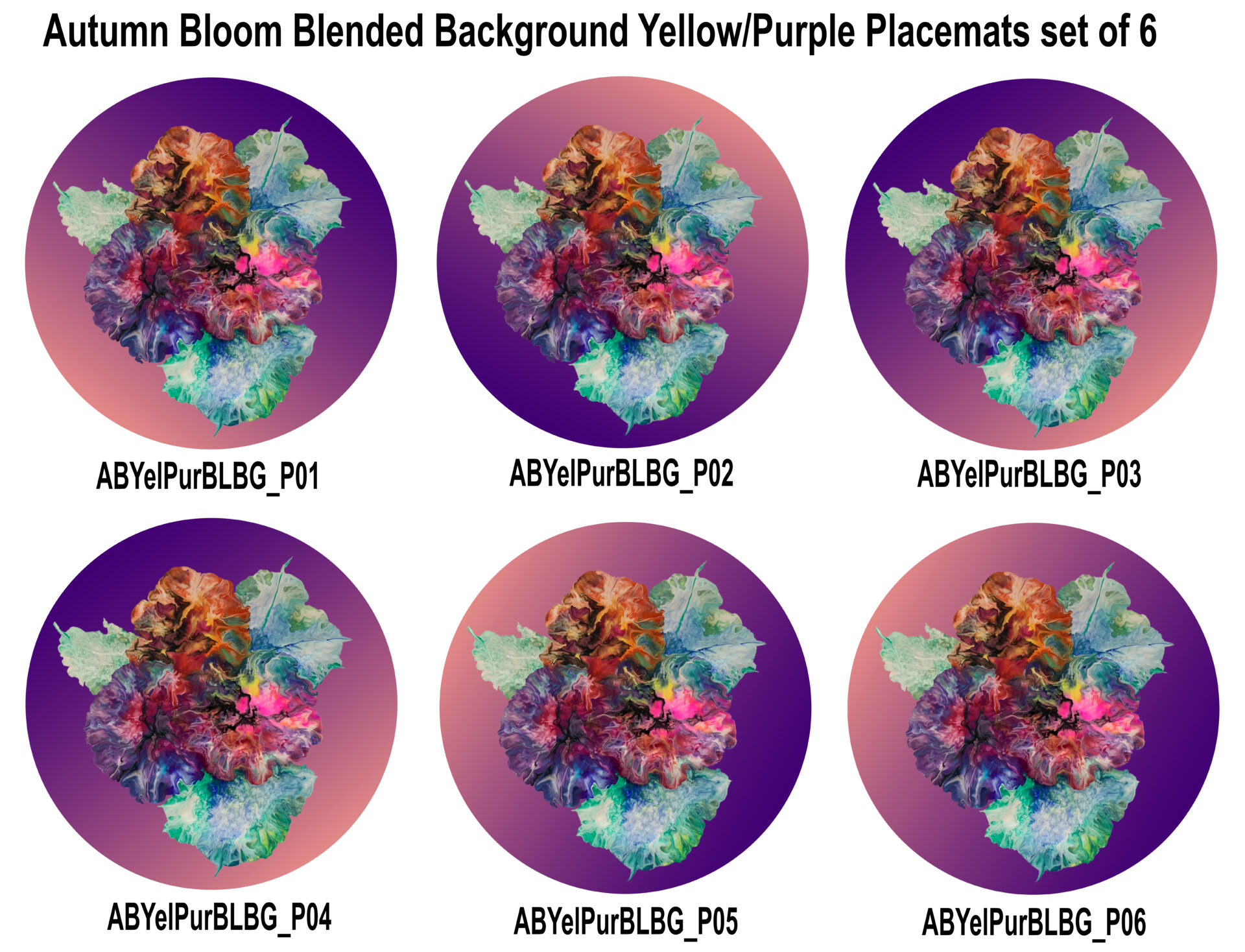 Autumn Blooms - Yellow/Purple Background Set 6 Placemats