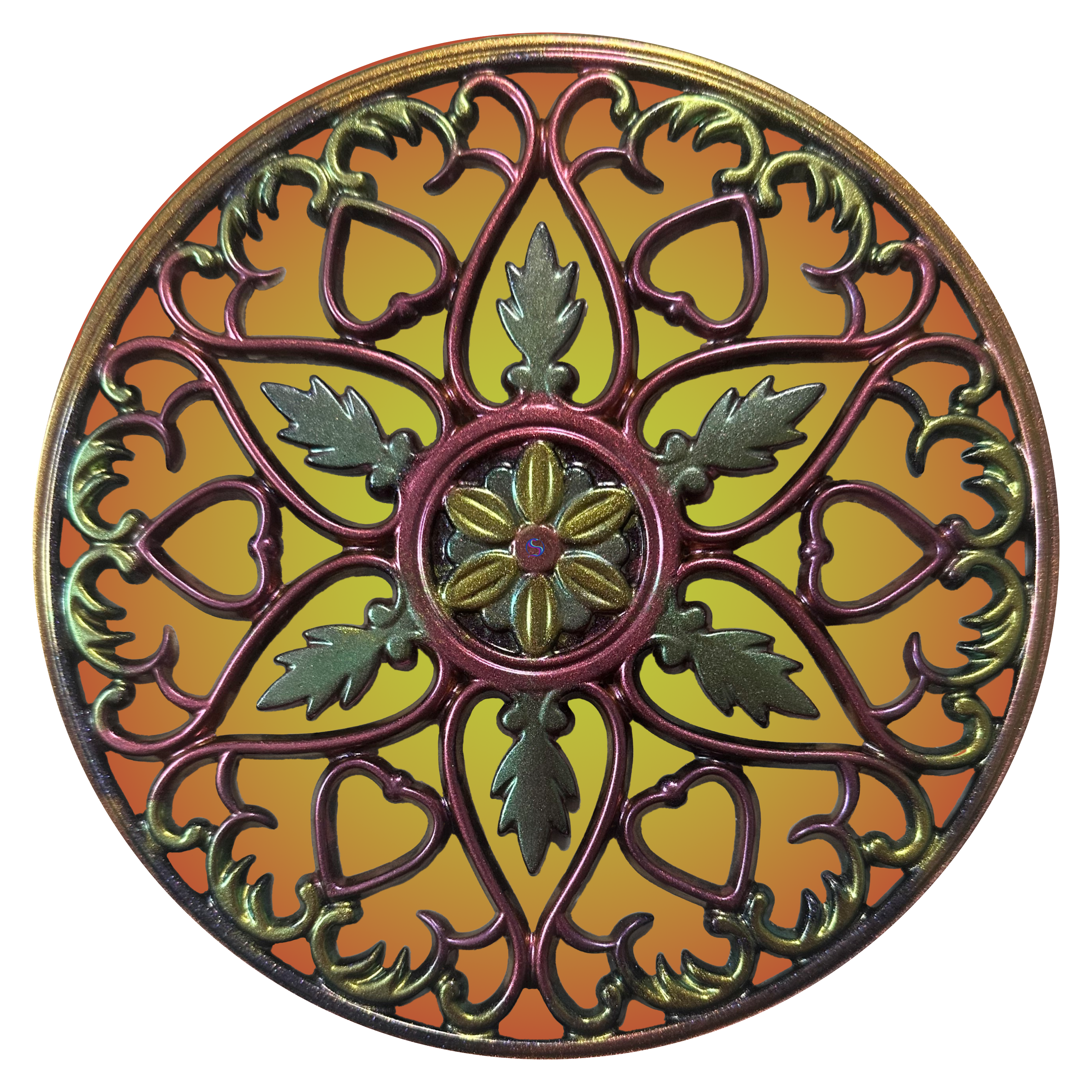 A round decorative plate with a floral design.