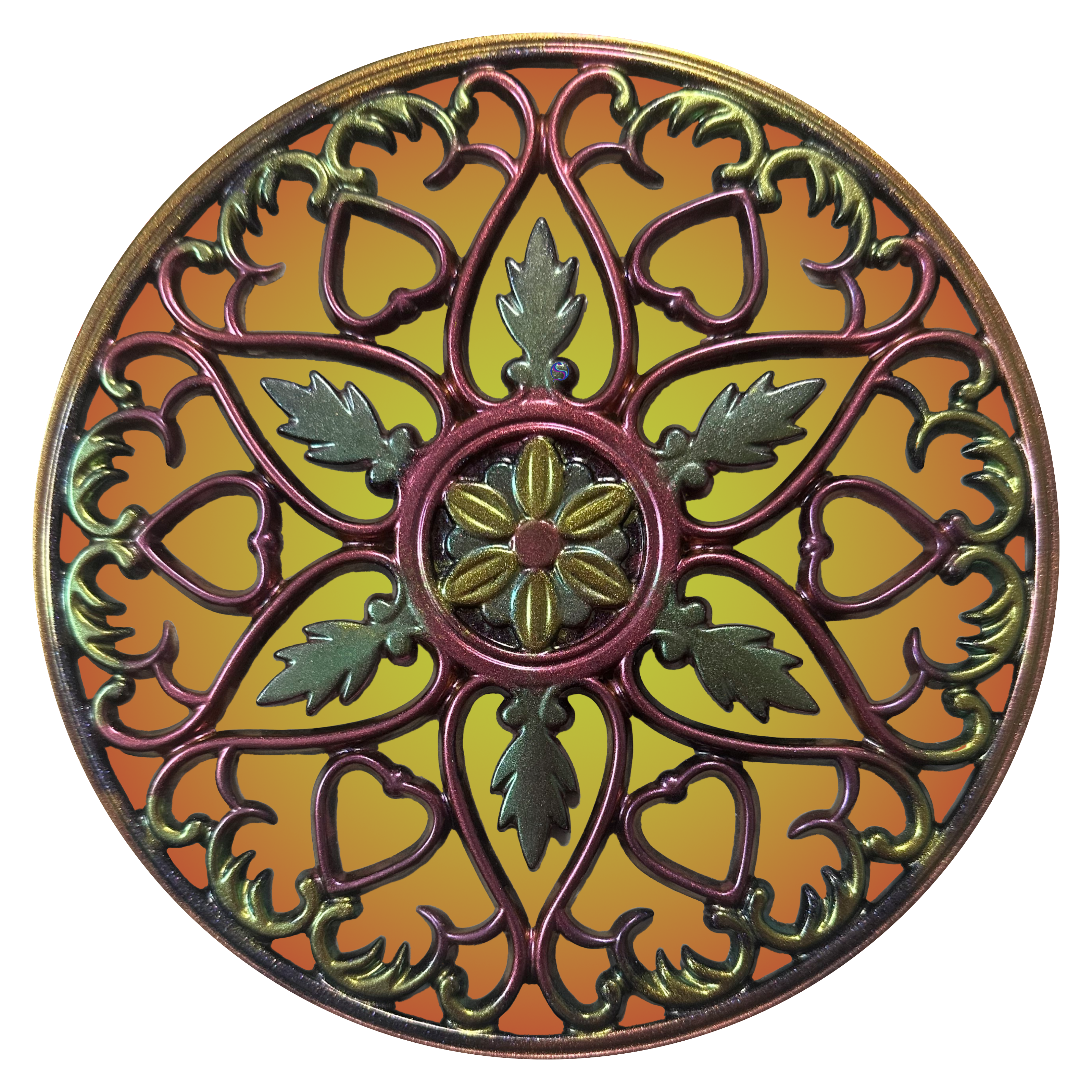 A circular decorative plate with a floral design.