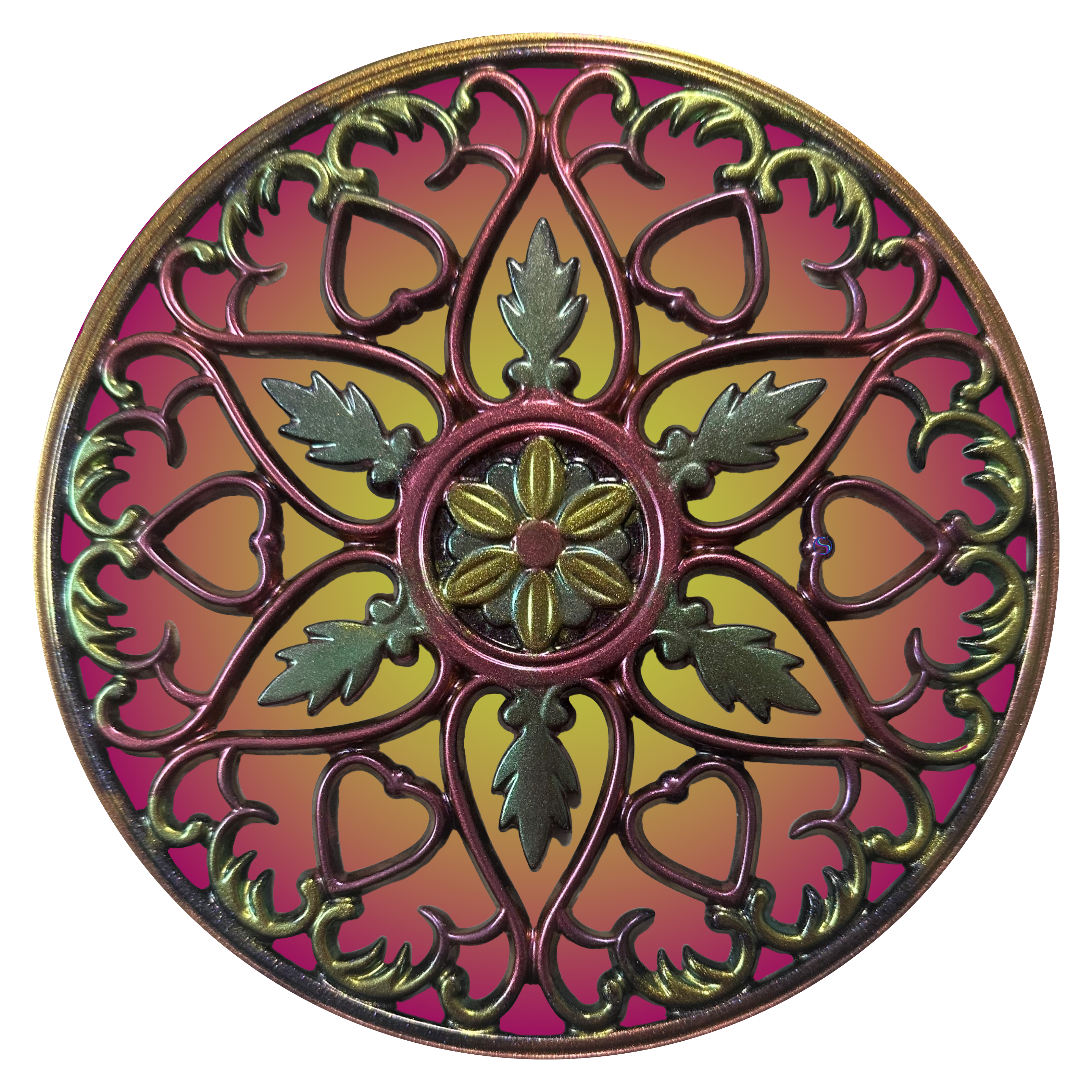 A circular decorative design with leaves and swirls.