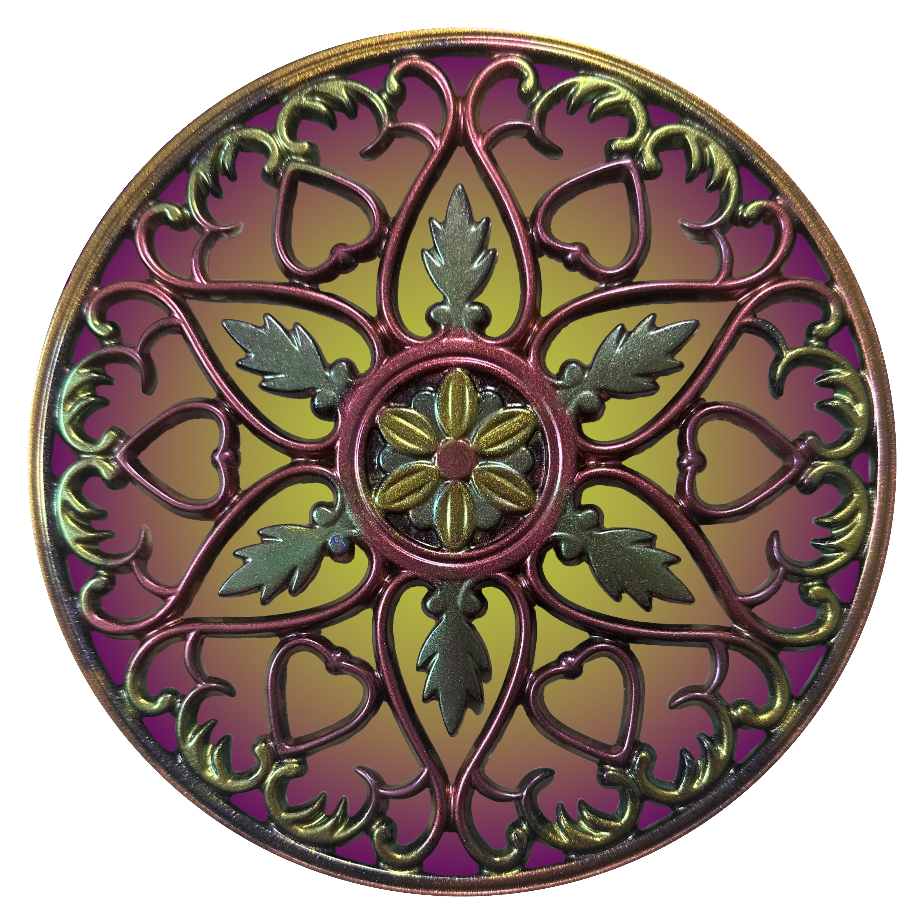 A circular decorative design with a purple and green center.