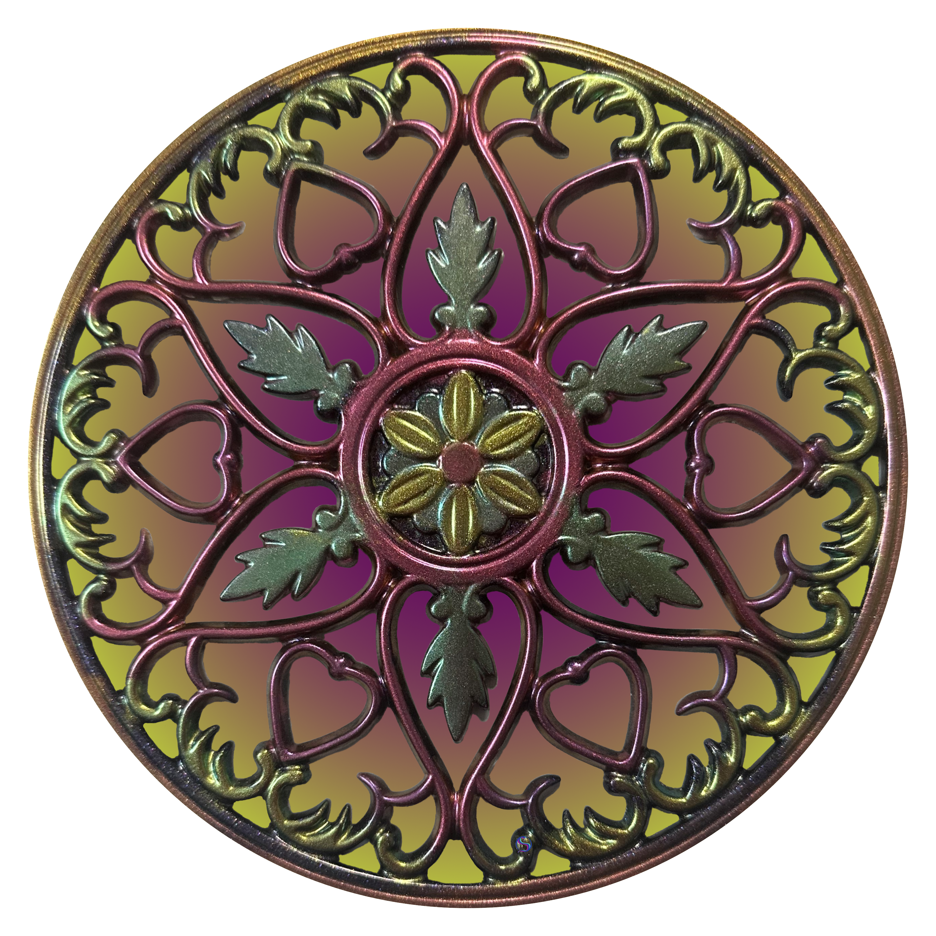 A circular ornament with green and purple designs.
