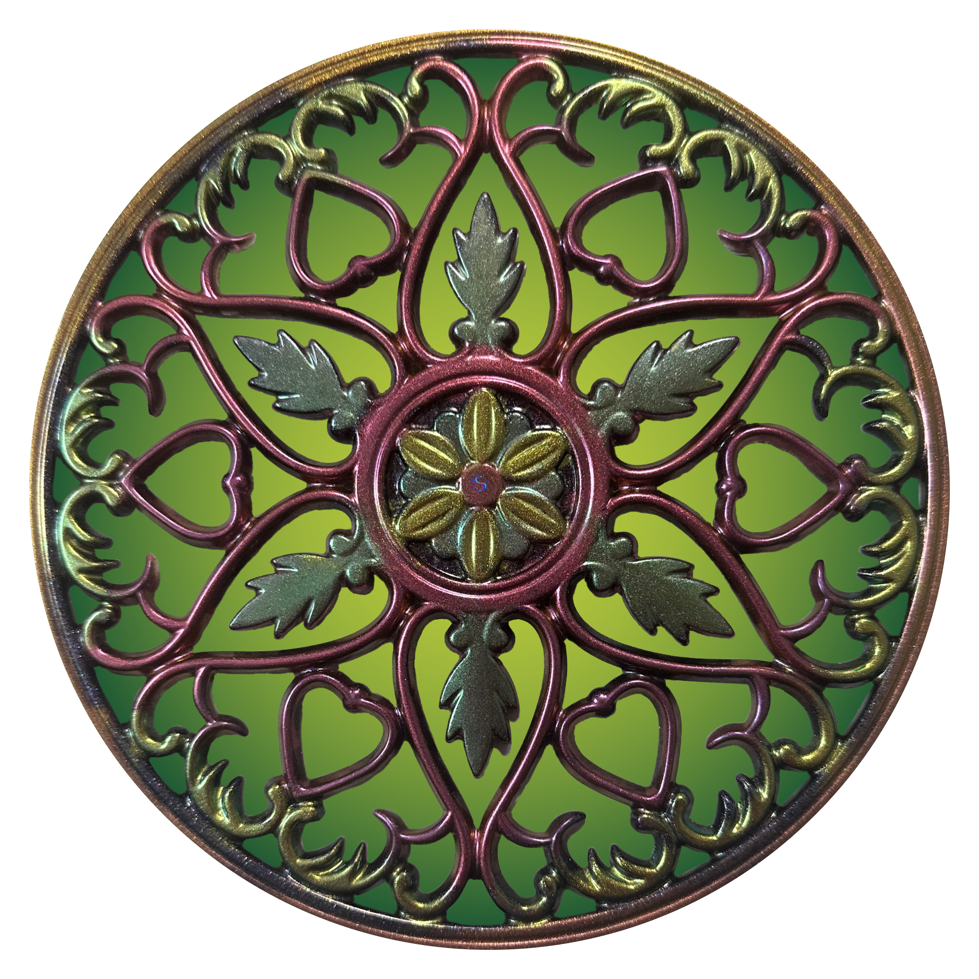 A green and red circular ornament with leaves.