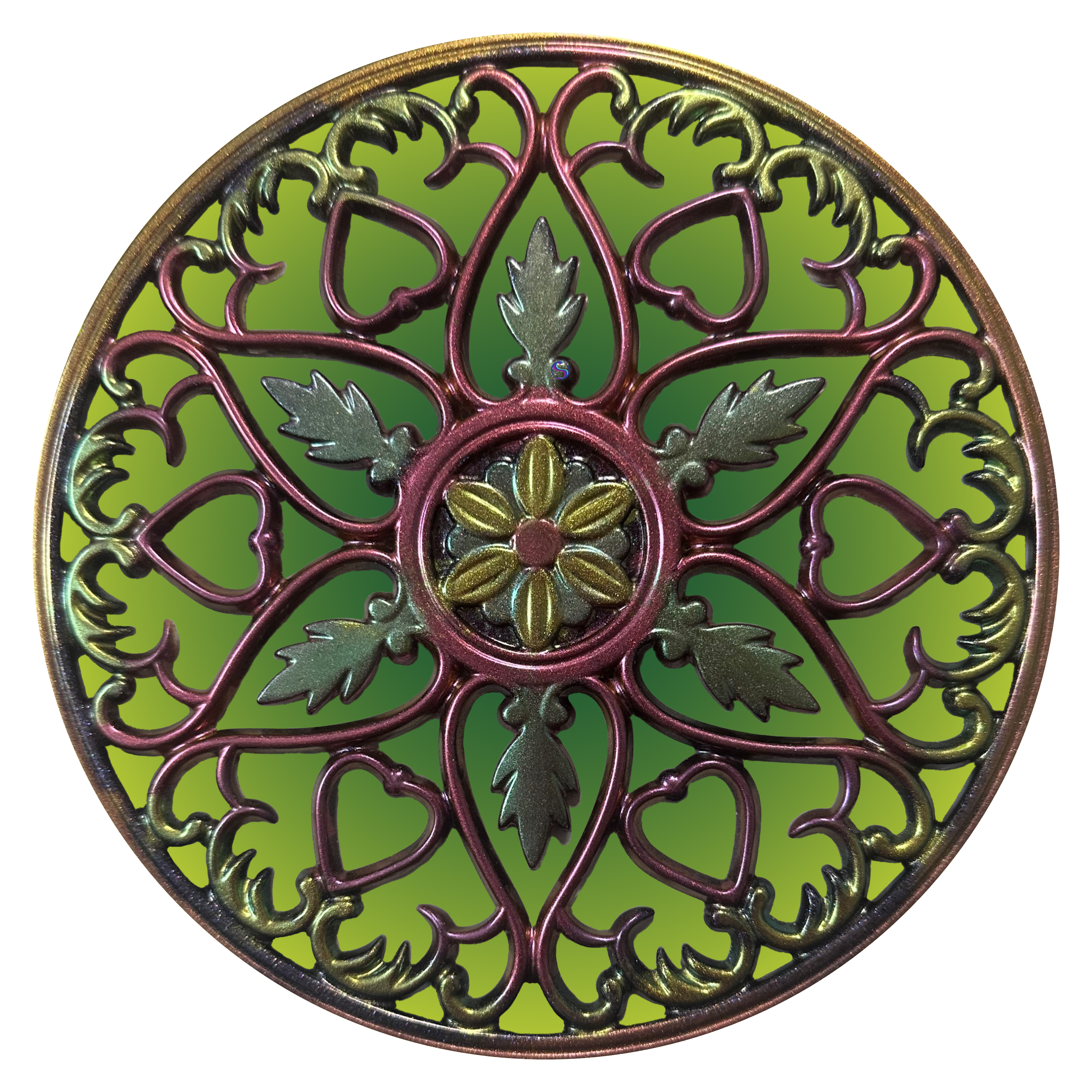 A green and red circular ornament with leaves.