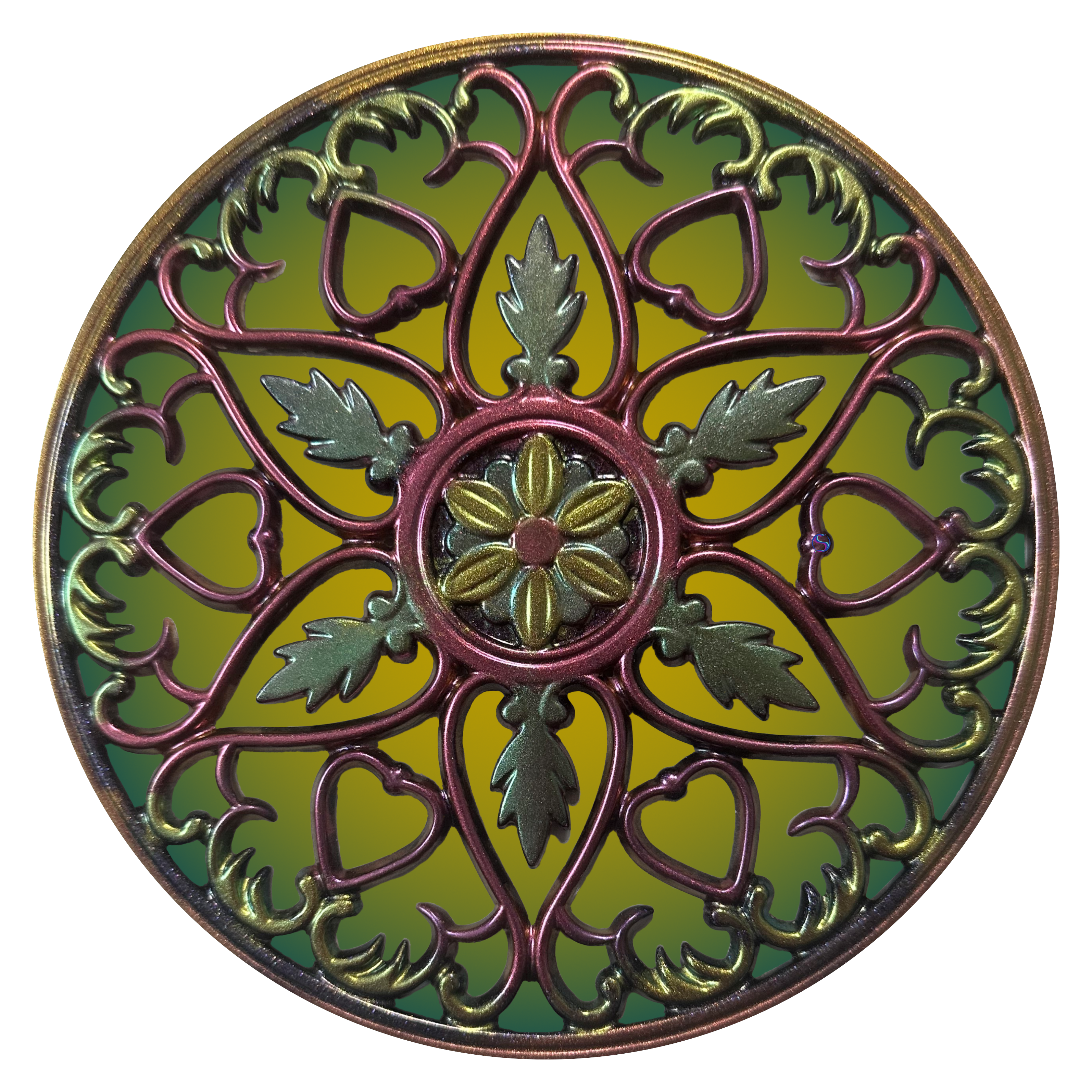 A circular decorative design with green and red colors.