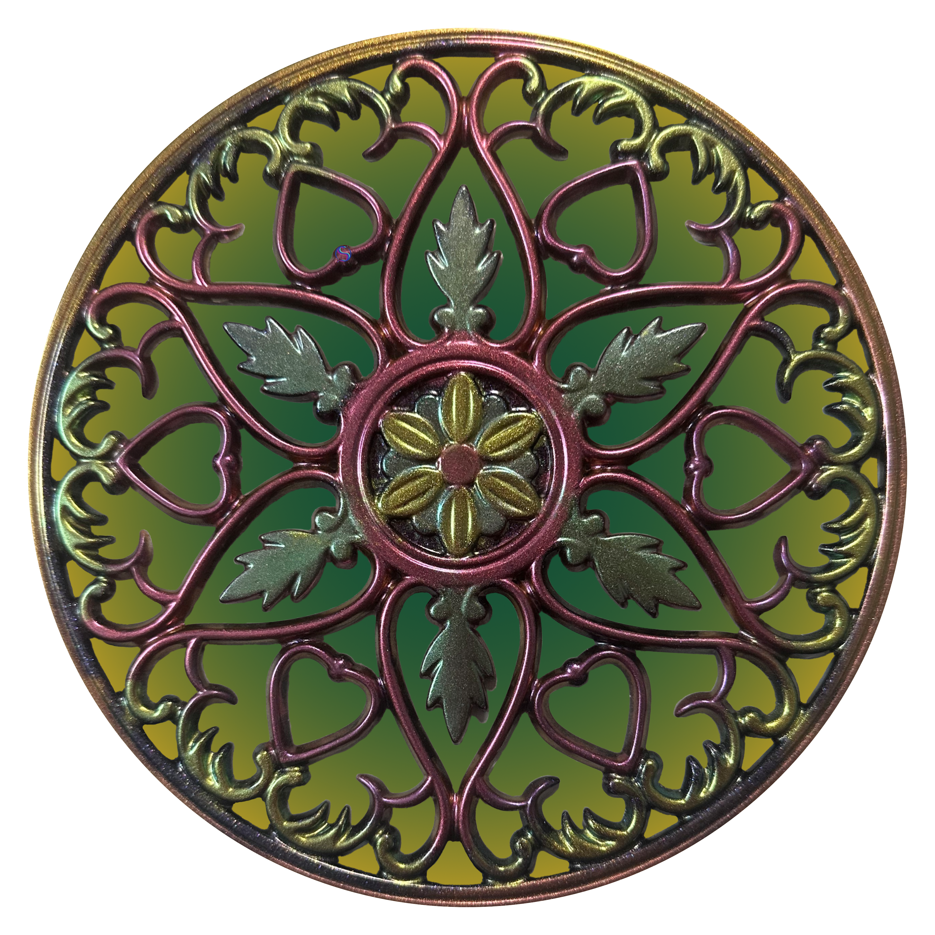 A circular decorative design with green and red colors.