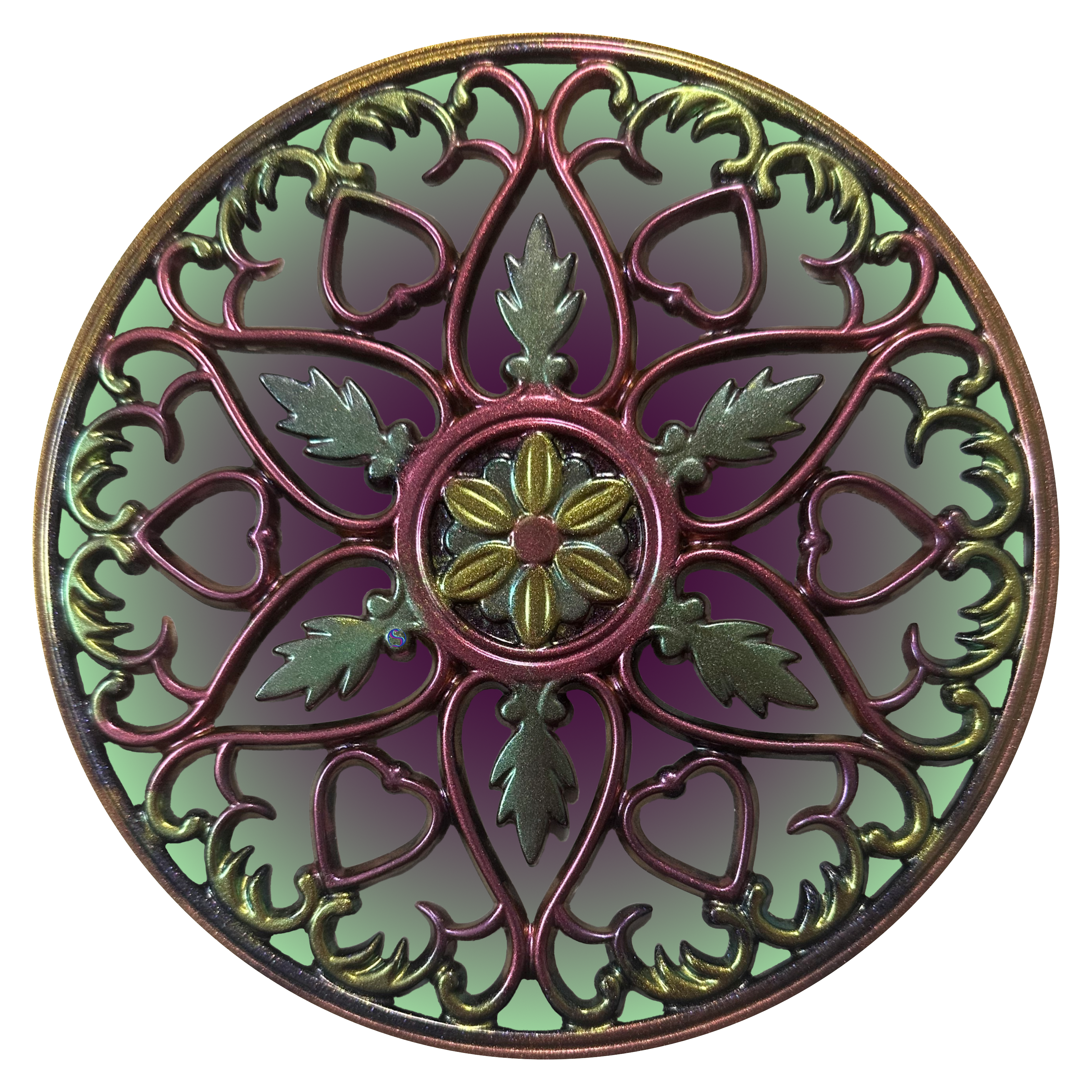 A circular ornament with a purple and green design.