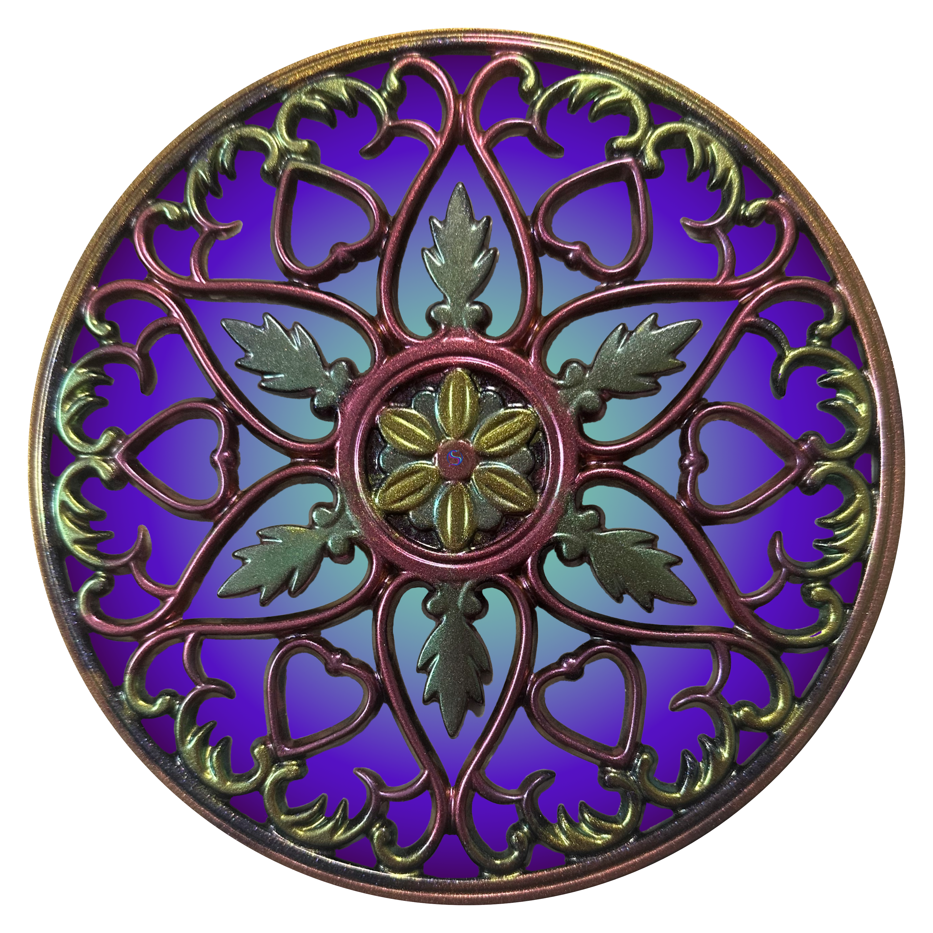 A round purple and green colored decorative object.