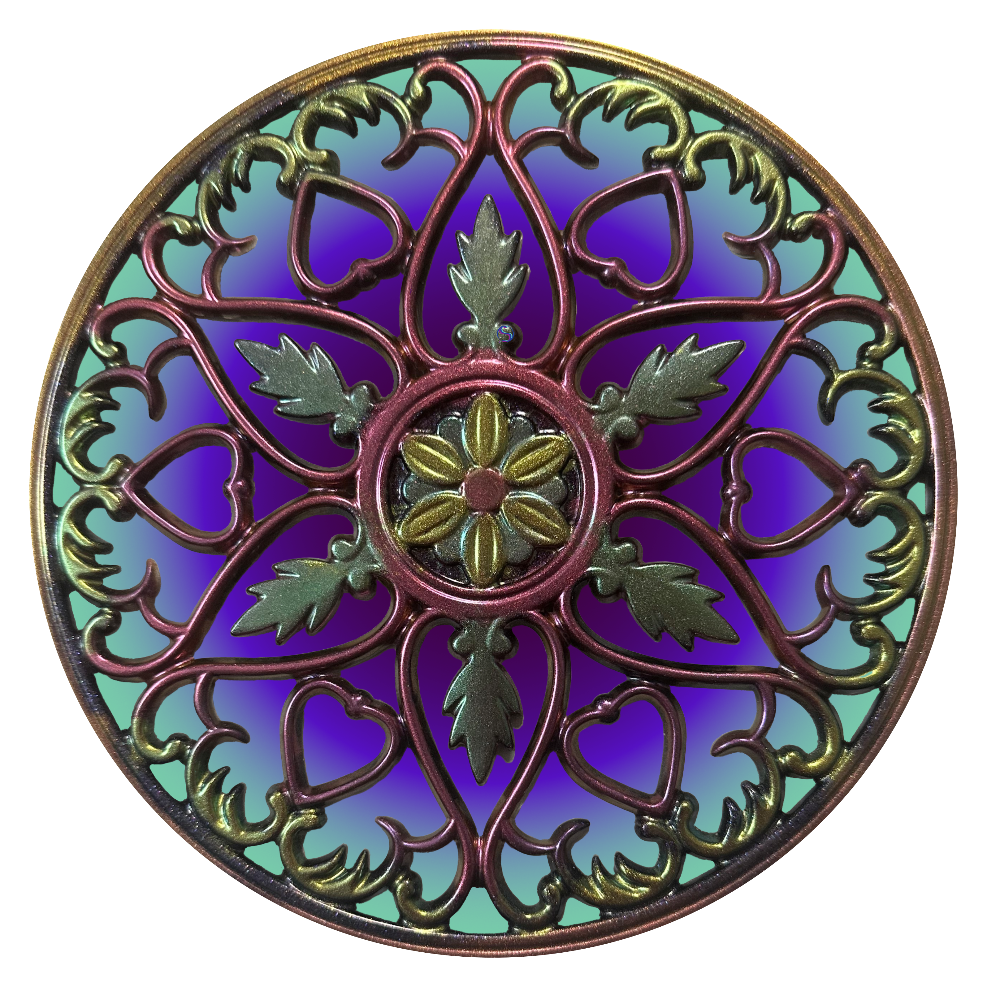 A round decorative design with a purple background.
