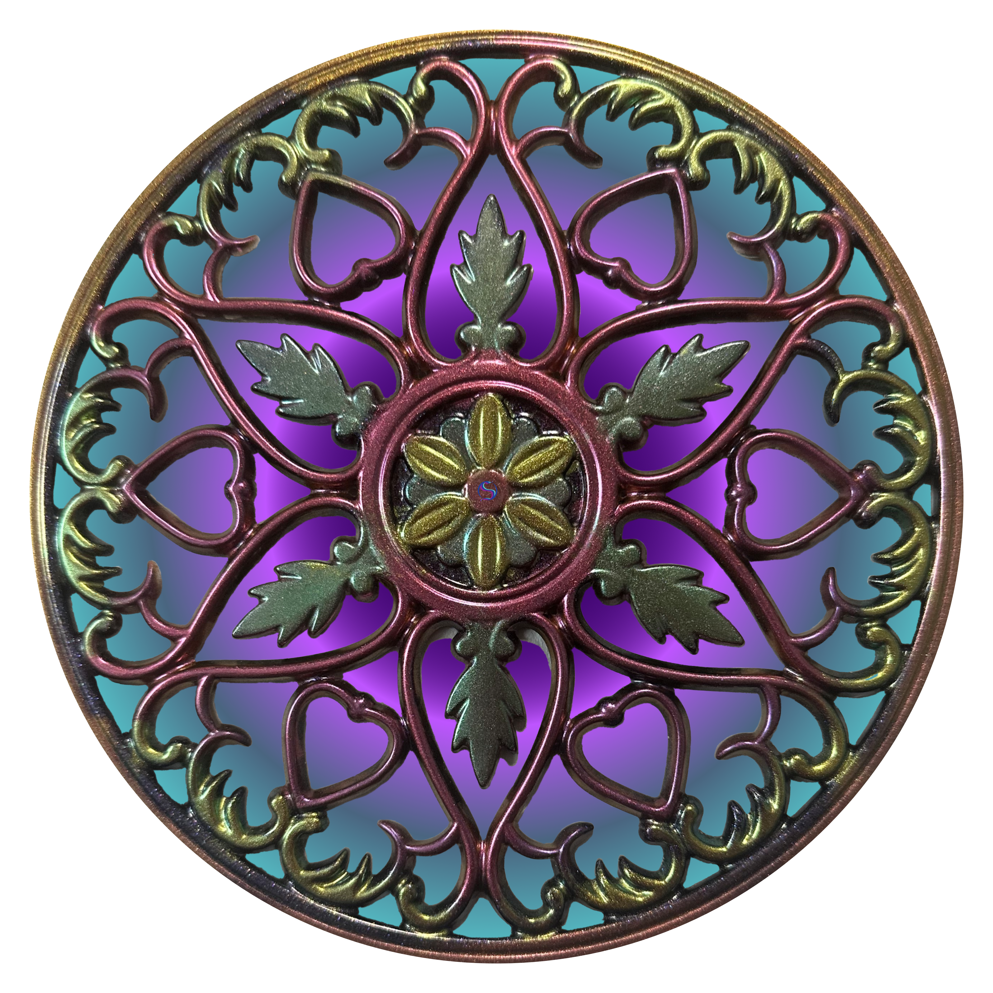 A round decorative design with purple and green colors.