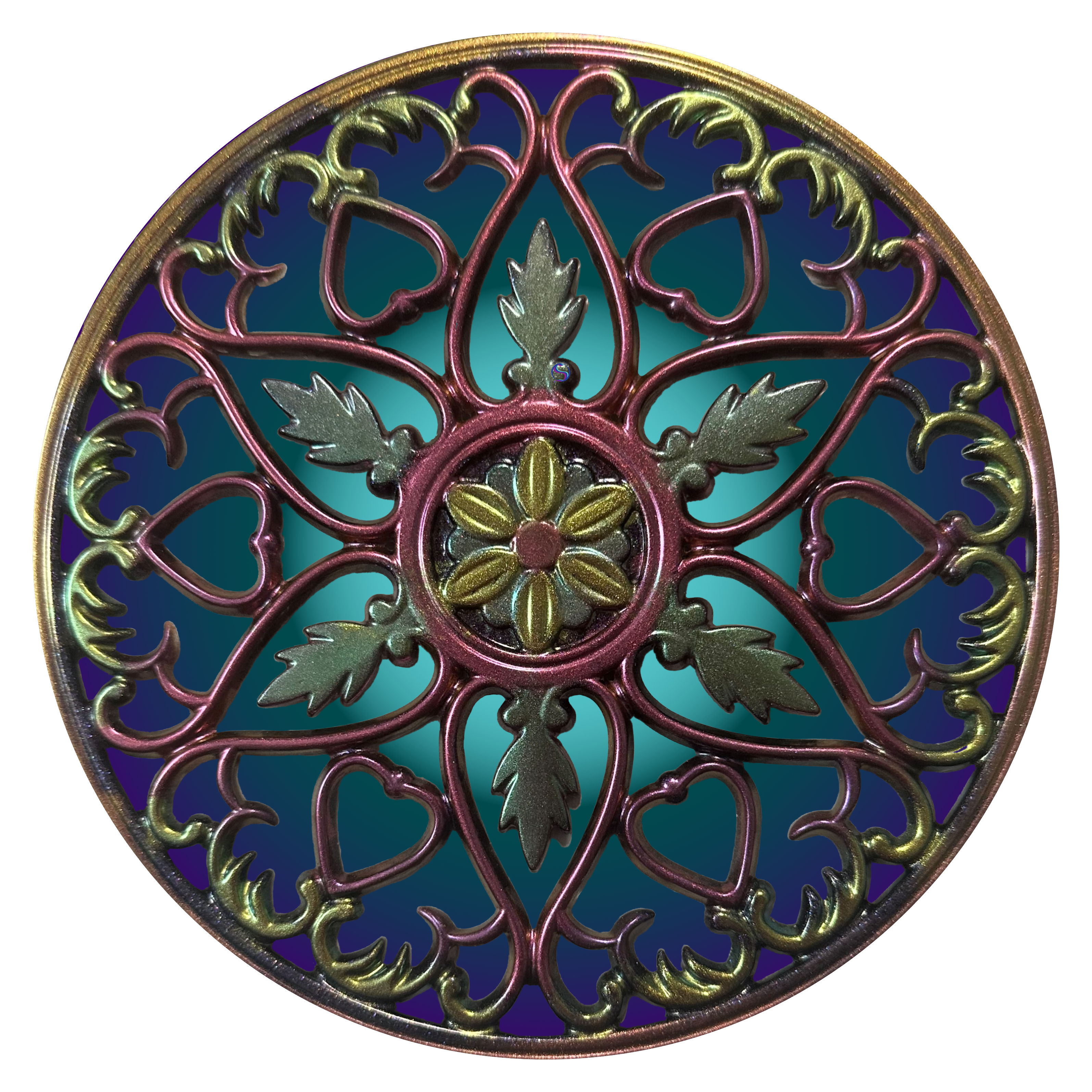 A round decorative design with gold and blue colors.