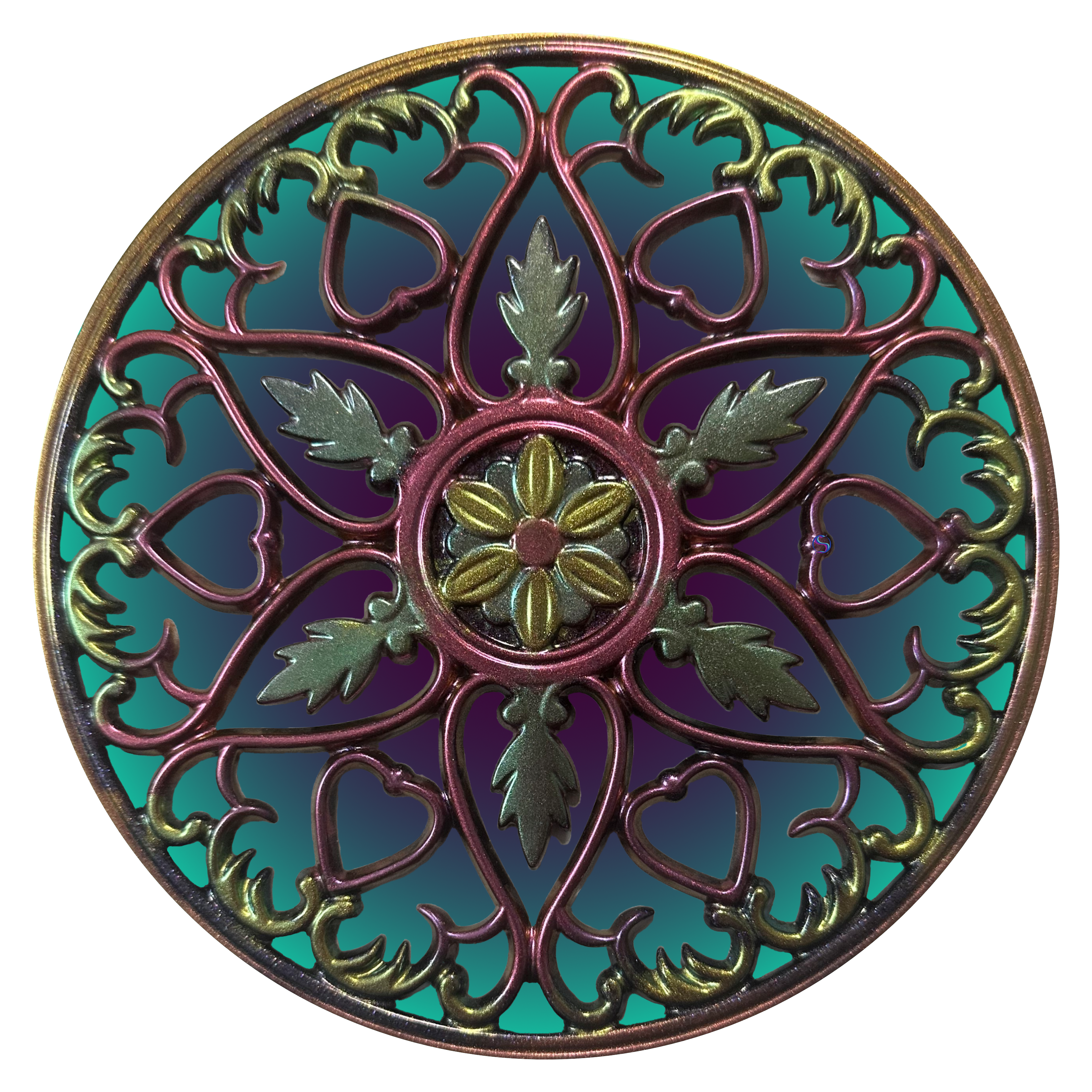A round decorative design with a purple and green center.
