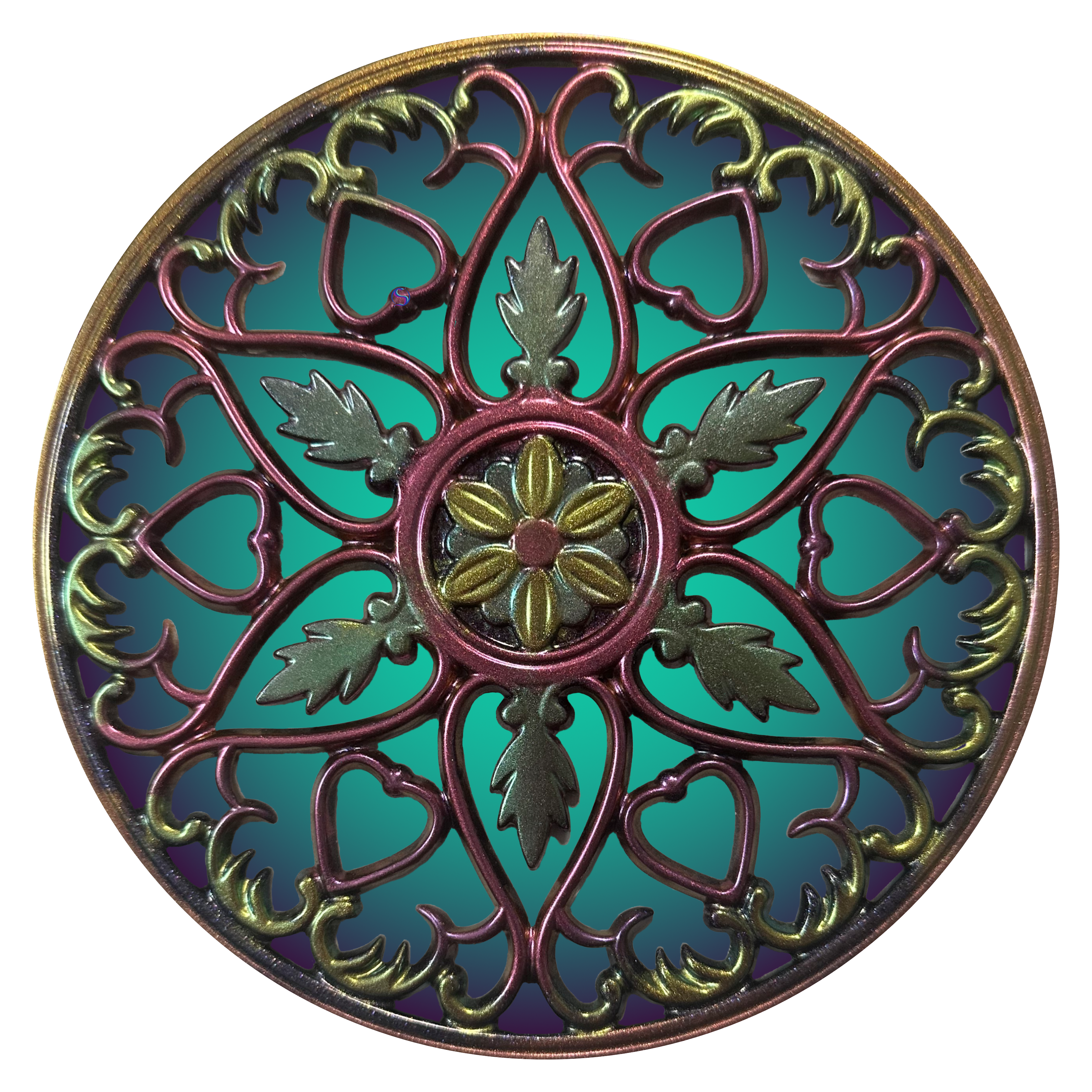 A round decorative metal object with a floral design.