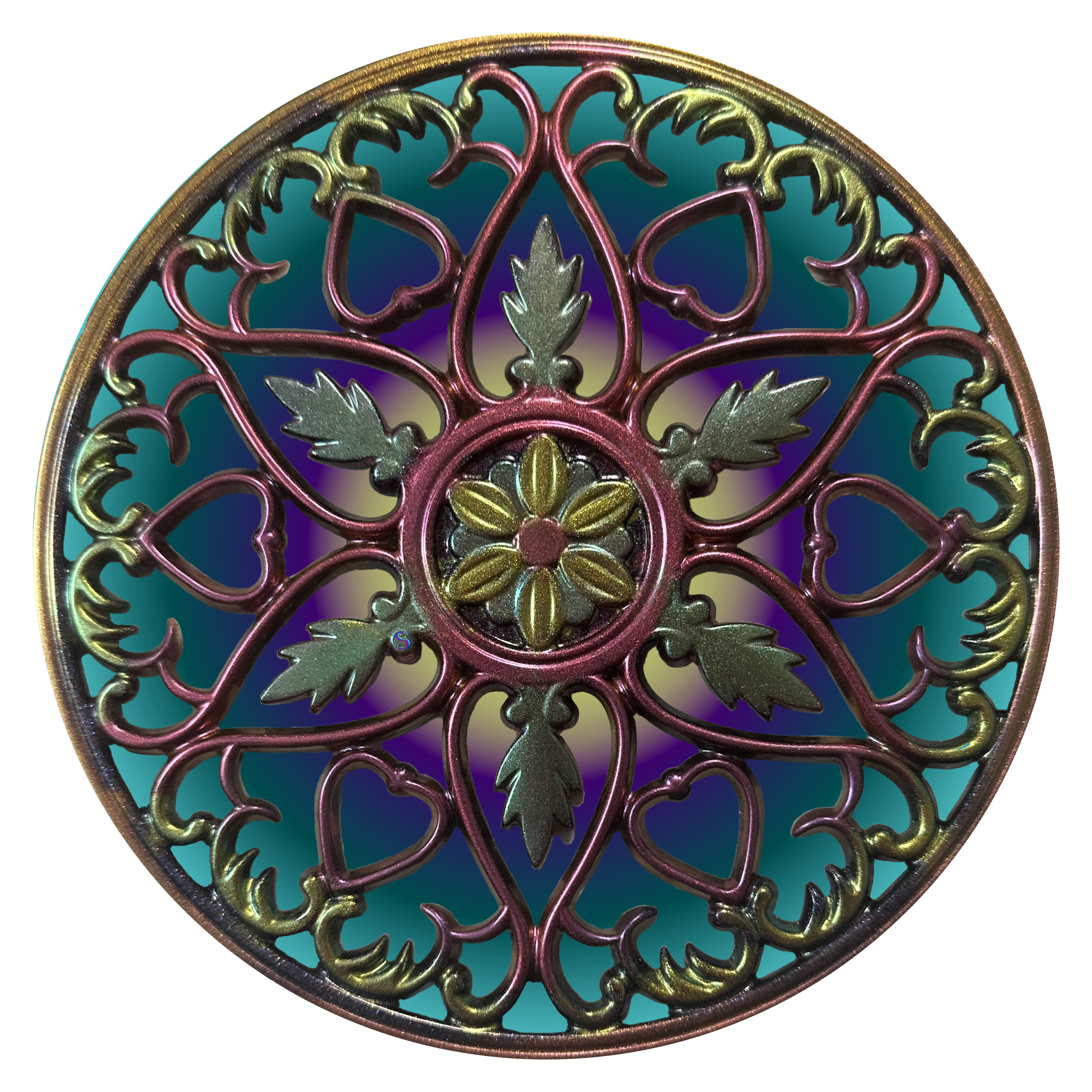 A round blue and green colored mandala with a purple center.
