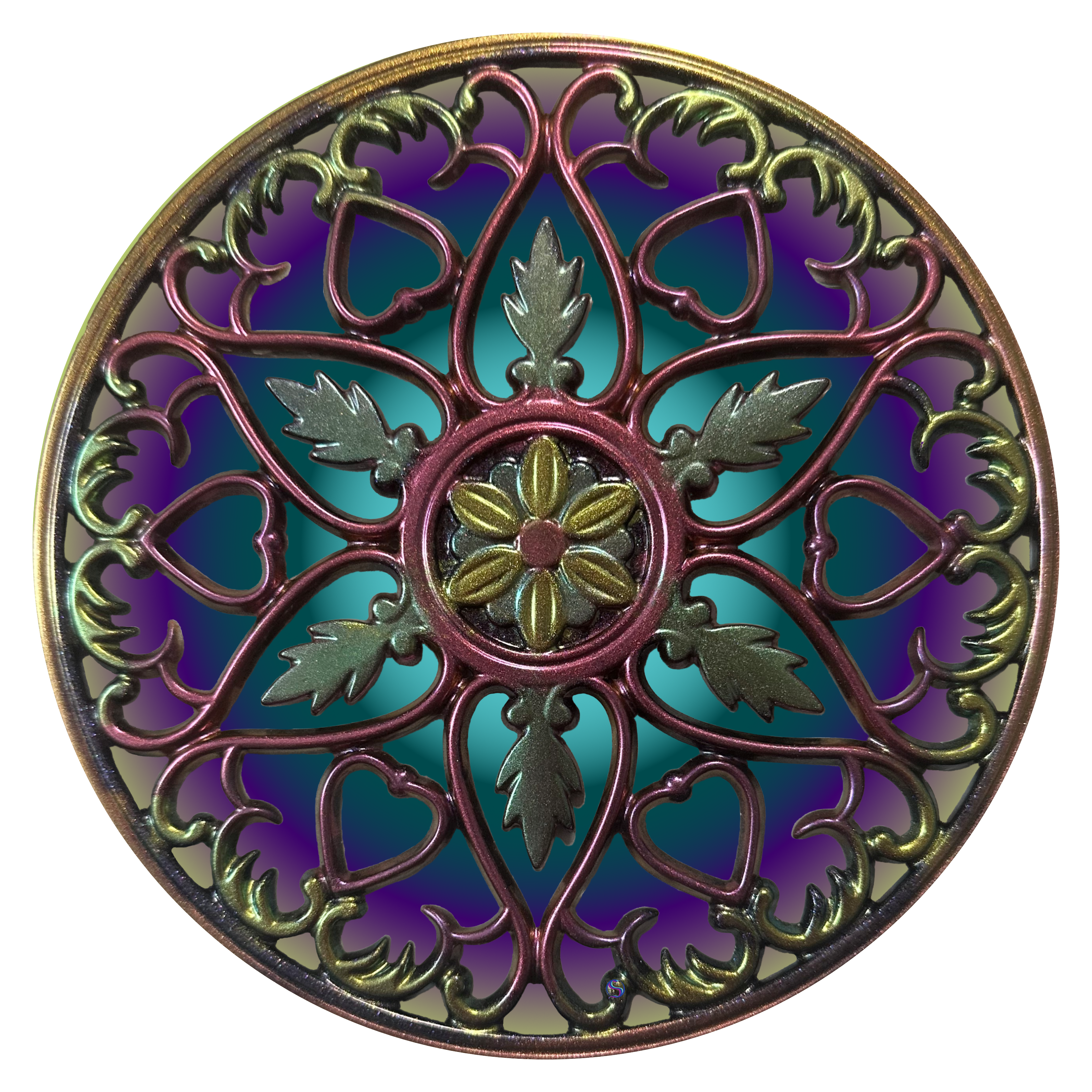 A round decorative design with purple and blue colors.