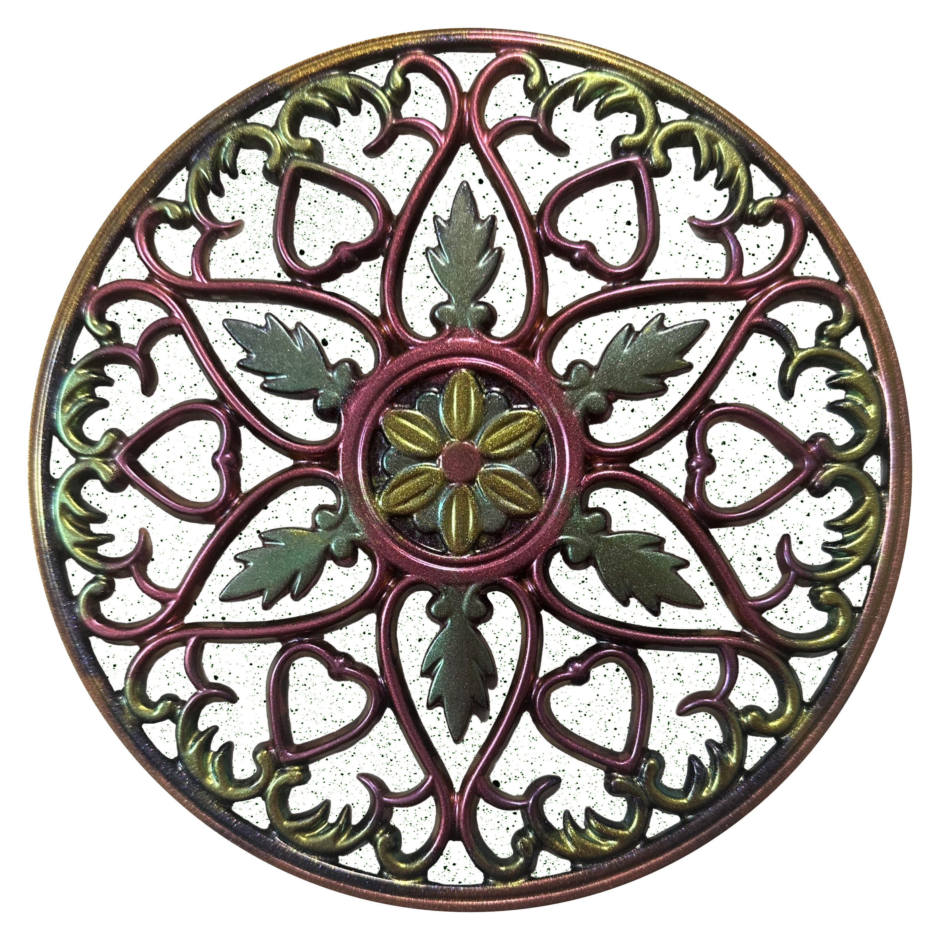 A round decorative plate with a floral design.