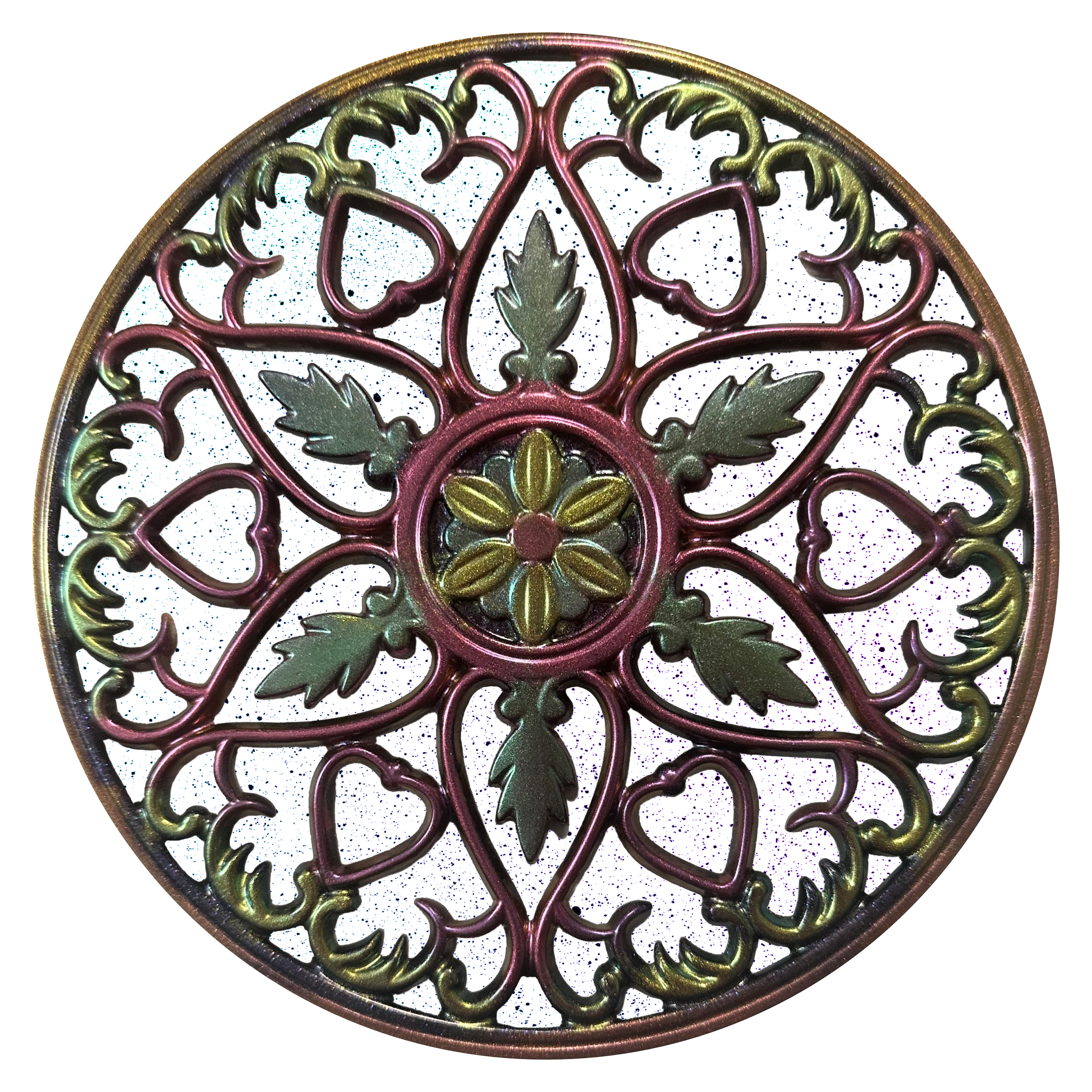 A round decorative plate with green and red designs.