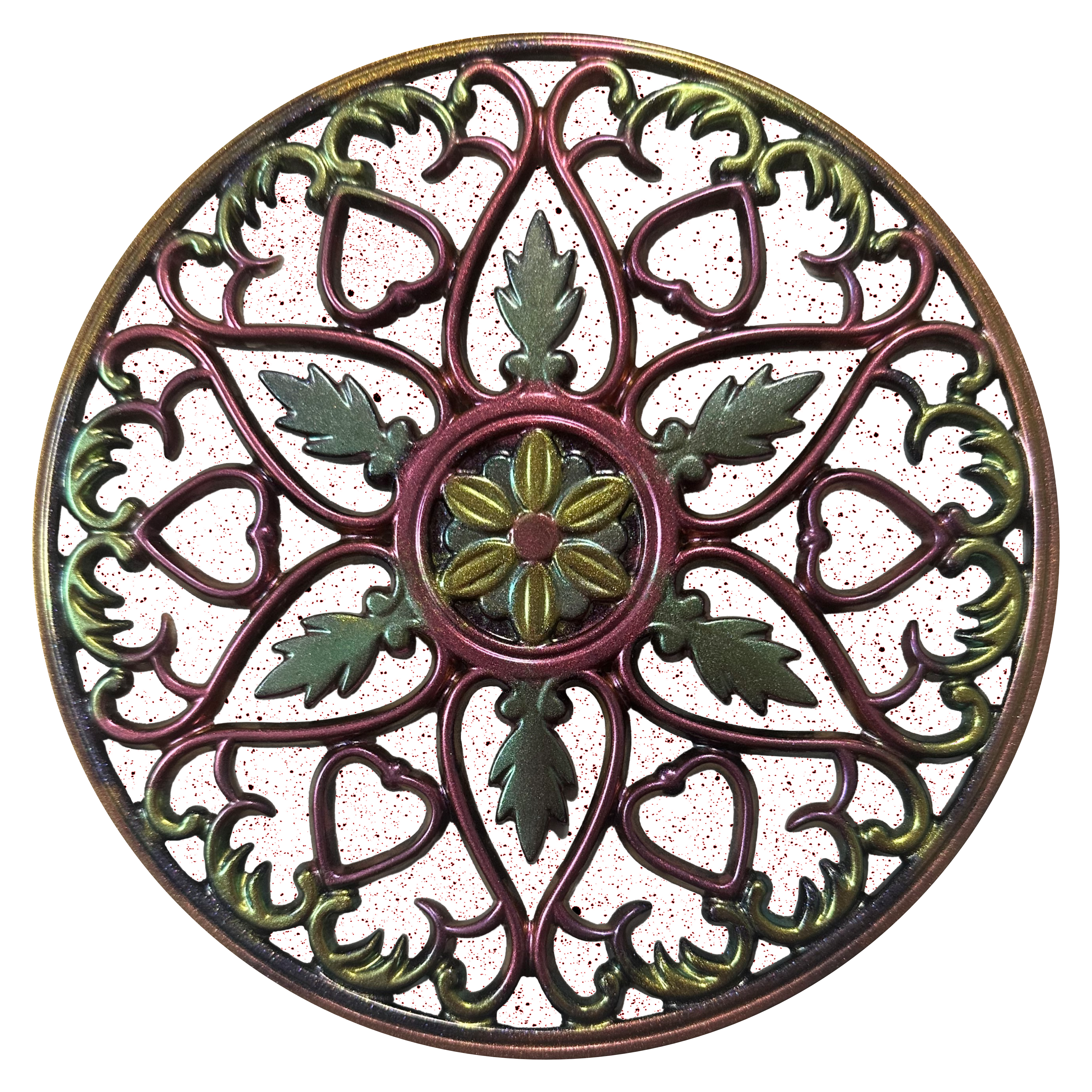 A round decorative plate with green and red designs.