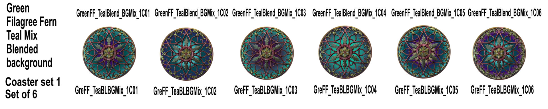 Green Filagree Fern - Teal Blended Backround Mixed Set 6 Coasters