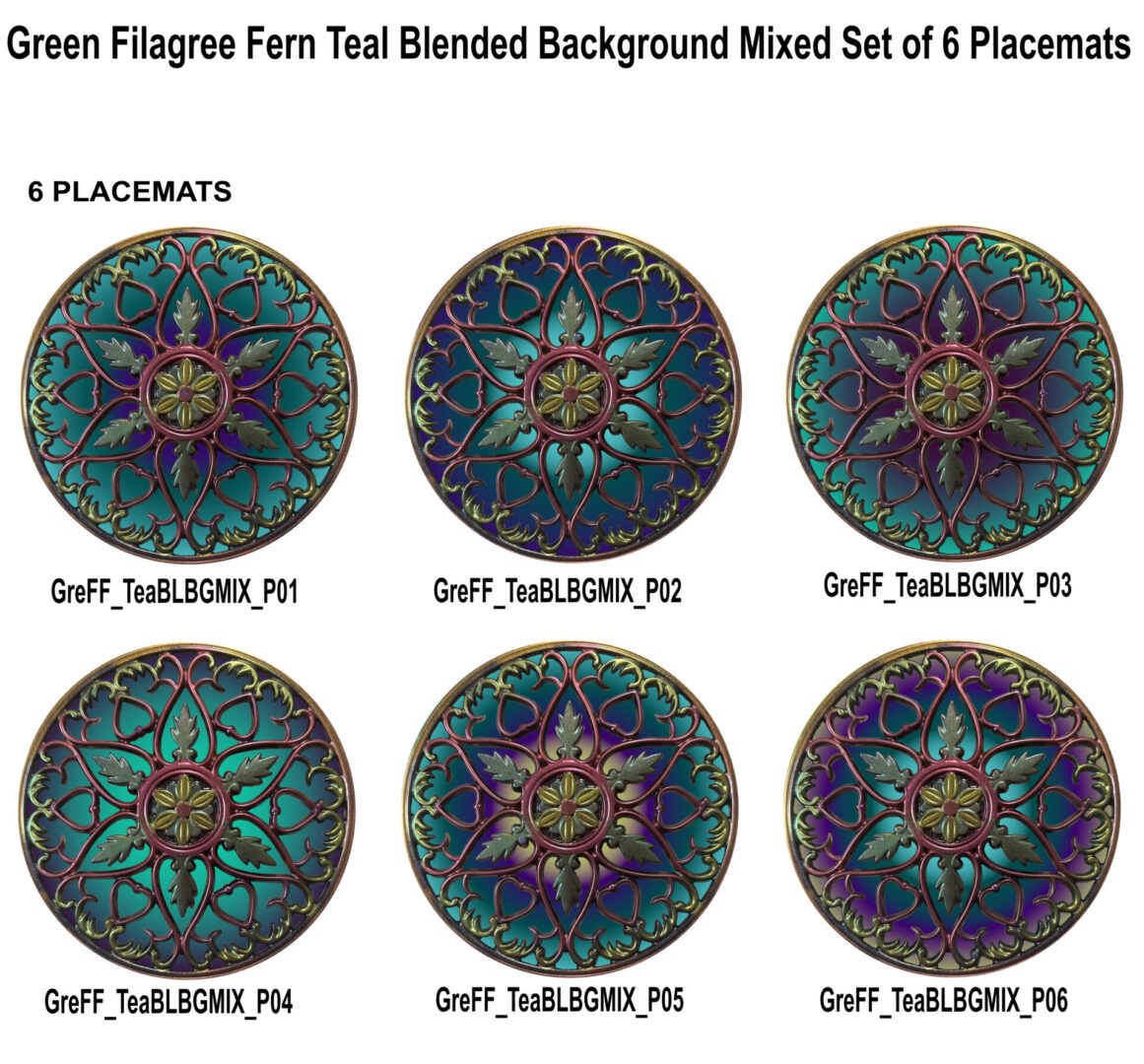 Filagree Fern - Teal Blended Backgrounds Mixed Set 6 Placemats